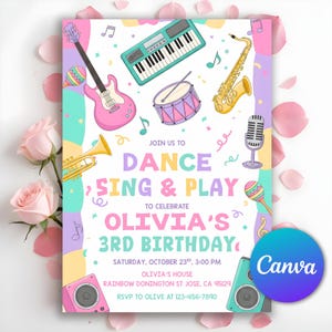 Peut inclure: Une invitation colorée pour un 3e anniversaire avec des instruments de musique comme une guitare, un clavier et un saxophone. Le texte invite à "Danser, Chanter & Jouer" pour célébrer l'anniversaire d'Olivia. Détails de l'événement et RSVP inclus.