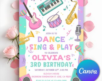 Dance Sing Play Party Invitation, Music Birthday Party Invitation, Kids Rock Star Band, Girls Musical Instruments Invitation, Editable Canva