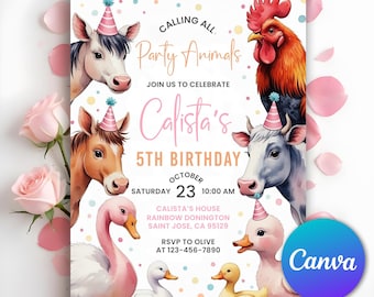 May include: A birthday invitation featuring watercolor illustrations of farm animals, including a cow, rooster, duck, and swan, all wearing party hats. The invitation reads "Calling All Party Animals" and includes the name "Calista's" and the date.