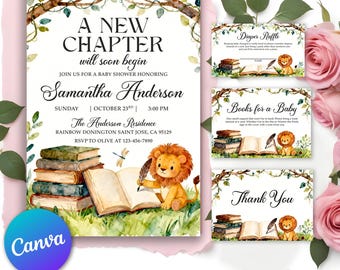 A New Chapter Begins Baby Shower Invitation Bundle, Storybook Baby Shower Invite, Gender Neutral, Fairytale, Animals Themed, Editable Canva