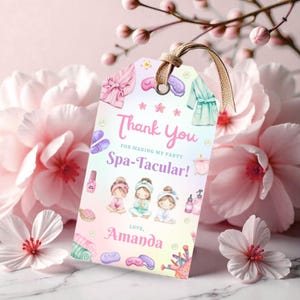 Etiqueta de regalo de agradecimiento para fiesta de spa, etiqueta de regalo para chicas de spa, fiesta de spa de cumpleaños para preadolescentes, etiqueta de regalo de agradecimiento, fiesta de mimos, plantilla de Canva editable