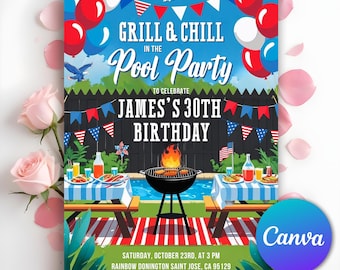 Invitación a barbacoa en la piscina del 4 de julio, invitación a barbacoa del Día de la Independencia, invitación a fiesta en la piscina del 4 de julio, invitación a fiesta en EE. UU., Canva editable