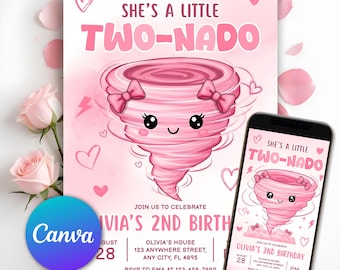 Twonado Birthday Invitation, Pink Tornado Invite, Twonado Birthday Party Invitation Girl, Two Year Old Girl Birthday Invite, Editable Canva