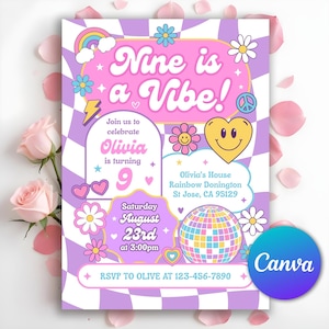 9th Birthday Party Invitation, Groovy NINE Is A Vibe Preppy 9th Birthday Party Invitation, Retro Groovy Varsity, Editable Canva Template