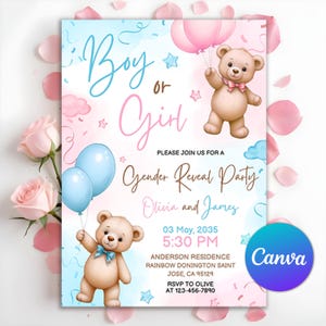 Gender Reveal-uitnodiging, teddybeer Gender Reveal Party, gender Reveal-feestuitnodiging, roze en lichtblauwe hij of zij, bewerkbare Canva-sjabloon