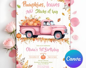 May include: A pink watercolor birthday invitation featuring a vintage truck filled with pumpkins. The text reads "Pumpkins, leaves AND Stacks of hay" and "Olivia's 1st Birthday". Floral and leaf accents decorate the border.