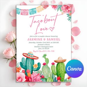 Invitación para despedida de soltera de pareja "Taco 'Bout Love", fiesta de compromiso "Taco 'Bout Love", fiesta de compromiso mexicana, plantilla editable de Canva
