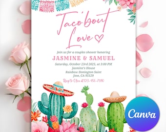 Invitación para despedida de soltera de pareja &quot;Taco &#39;Bout Love&quot;, fiesta de compromiso &quot;Taco &#39;Bout Love&quot;, fiesta de compromiso mexicana, plantilla editable de Canva