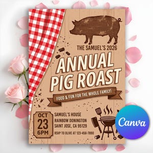 May include: A rectangular flyer for The Samuel's 2026 Annual Pig Roast on October 23 at 6PM. The design features a brown wood-grain background, a red and white checkered pattern, a pig silhouette, a grill icon, and text details for the event.