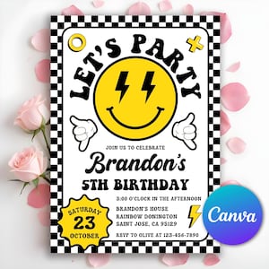 May include: A black and white chequered birthday party invitation with a yellow smiley face with lightning bolts for eyes. The text reads "Let's Party" and "Brandon's 5th Birthday". The date is Saturday, 23rd October.