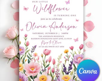 Floral 1st Birthday Invitation, Wildflower Birthday Party Invite, Garden Party Invite, Our Little Wildflower First Birthday, Editable Canva