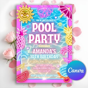 Pool Party Invitation, Pool Party Birthday Invitation, Neon Glow Invitation, Tropical tie dye, Swimming Pool Party, Editable Canva Template