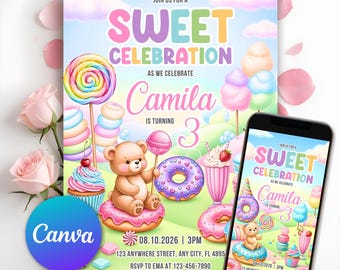 Sweets Candy Birthday Invitation, Sweet Celebration Birthday Invitation, Candy Land Invitation, Candy Ice Cream Cupcake Donut Editable Canva