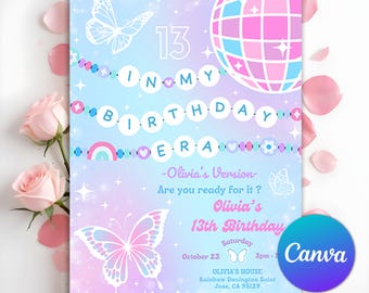 Invitación de In My Birthday Era, invitación a fiesta musical de cumpleaños de adolescente, invitación con pulsera de la amistad, fiesta de Eras en morado y azul, Canva editable