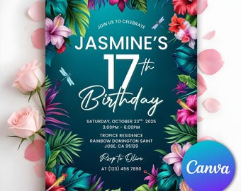 Tropical Birthday Invitation, Hawaiian Invitation, Luau Birthday Invitation, Aloha Party, Tropical Flowers Birthday Invite, Editable Canva