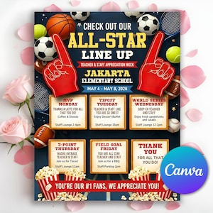 May include: A promotional poster for Jakarta Elementary School's Teacher & Staff Appreciation Week, May 4-8, 2026. The design features sports equipment, red foam fingers, and text including daily event themes and times. The Canva logo is visible.
