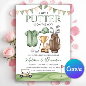 May include: Baby shower invitation with golf theme. The invitation features a green onesie, golf clubs, a trophy, and the text "A Little Putter Is On The Way." Includes event details and a golf cart illustration.