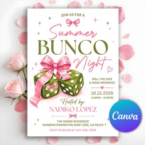 May include: A rectangular invitation card for a Summer Bunco Night featuring two olive green dice tied with a large pink ribbon. The text reads: JOIN US FOR A Summer BUNCO Night, ROLL THE DICE & MAKE MEMORIES, 10.12.2026, 3:00PM - 6:00PM, HOSTED BY: NADIKO LOPEZ, THE GRAND RESIDENCE RAINBOW DONINGTON SAINT JOSE, CA 95129, RSVP TO OLIVIA AT 123-456-7890.