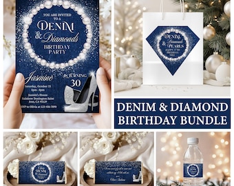 Denim and Diamonds Birthday Bundle, Elegant Women Invitation 30th 40th 50th 60th 70th 80th 90th, Blue Jeans Bling, Birthday Party Decor Idea