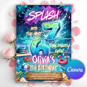 以下が含まれることがあります： 「SPLASH」と「オリビアの7歳の誕生日」の文字が入った、カラフルなプールパーティーの招待状。デザインは、大きな数字の7、水しぶき、浮き輪のあるプールのシーンが特徴です。Canvaのロゴが右下にあります。