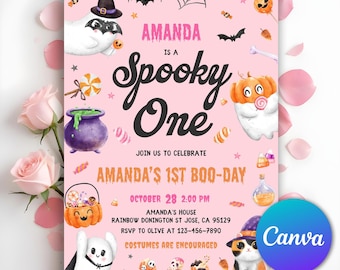 不気味なハロウィンの誕生日招待状、不気味な1歳の誕生日、ピンクのハロウィンのかわいい幽霊の1歳の誕生日招待状、不気味な、編集可能なCanva