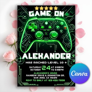 Video Game Birthday Invitation, Video Game Invitation, Glow Game Party, Kid Invite, Boy Game Party, Boy Gamer Invitation, Editable Canva