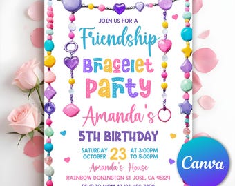 Invitación de pulsera de la amistad, invitación para hacer pulseras de cuentas, invitación de In My Birthday Era, fiesta de Eras púrpura y azul para chicas adolescentes, Canva editable