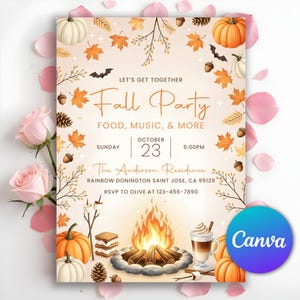 May include: An autumnal party invitation featuring pumpkins, leaves, and a bonfire illustration. The text says "Fall Party" with details for October 23rd at 5:00 PM. Includes the address and RSVP information. The Canva logo is in the bottom right corner.