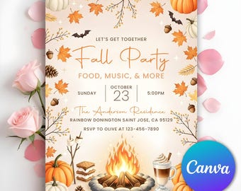 Fall Party Invitation, Autumn Harvest Party Invite, S'more Fun Bonfire Invitation, Friendsgiving Invite, Fall Festival Party, Editable Canva