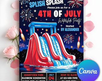 4th of July Waterslide Night Party Invitation, 4th of July Pool Party Invitation, Party In USA Invite, Independence Day, Editable Canva