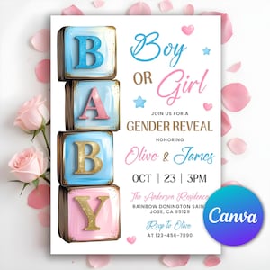 May include: A baby gender reveal invitation with the word "BABY" spelled out in colorful blocks. The invitation includes the text "Boy or Girl" and event details, with pink and blue accents. The Canva logo is in the bottom right corner.