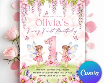 Fairy First Birthday Invitation, Girl Fairy 1st Birthday Invitation, Fairy Garden 1st Birthday Party, Enchanted Forest Girl, Editable Canva