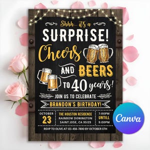 May include: A chalkboard style birthday party invitation with a rustic wood background. The invitation reads "Shhh... it's a SURPRISE! Cheers and Beers to 40 years!" with a date of October 23rd and a time of 7:00 PM until 9:00 PM. The invitation is for Brandon's birthday at The Houston Residence, Rainbow Donington, Saint Jose, CA 95129. RSVP to Olive at 123-456-7890 by October 5th.