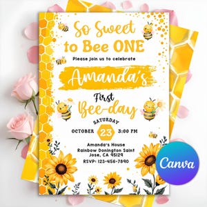 Bee First Birthday Invitation, Honey Bee 1st Birthday Invite, Sweet To Bee One Invitation, First Bee Day Invitation, Editable Canva Template