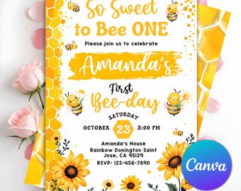 Bee First Birthday Invitation, Honey Bee 1st Birthday Invite, Sweet To Bee One Invitation, First Bee Day Invitation, Editable Canva Template
