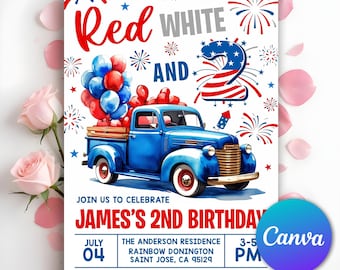 Red, White, and TWO Birthday Invitation, Little Firecracker Birthday invitation, Blue truck 4th of July Birthday Invitation, Editable Canva