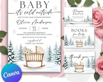 Inbjudningspaket till babyshower med vintervagga, babyshowerinbjudan till Spruces, babyshowerinbjudan till det är kallt ute, könsavslöjande inbjudan, redigerbar canvas