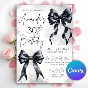 Black Bow Birthday Invitation, Minimalist Black Gold Bow Birthday Invite, Coquette Black Bow Invitation, 30th 40th 50th, Editable Canva