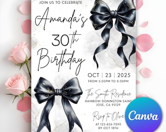 Black Bow Birthday Invitation, Minimalist Black Gold Bow Birthday Invite, Coquette Black Bow Invitation, 30th 40th 50th, Editable Canva