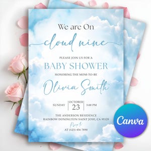 On Cloud 9 Baby Shower Invitation, Blue Cloud Nine Baby Shower Invite, Boy We&#39;re on Cloud Nine Shower Invite, Gender Neutral, Editable Canva