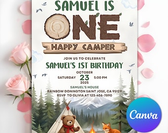 Invitación de cumpleaños de un campista feliz, invitación de niño campista feliz, primer cumpleaños de camping, invitación para el primer cumpleaños, plantilla editable de Canva