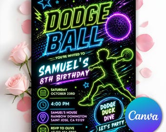 Faire-part d'anniversaire de ballon chasseur, invitation à une fête de sport néon, invitation d'arcade pour garçons néon phosphorescent, invitation à une fête de sports de plein air, toile modifiable