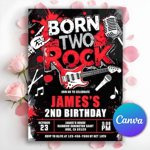 May include: Black and red birthday invitation with the text "BORN TWO ROCK" and a guitar illustration. The invitation includes the details for James's 2nd birthday, including the date, time, and location.