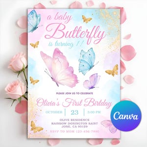 Faire-part d'anniversaire papillon, fête de mariage fille, invitation d'anniversaire papillon violet rose, faire-part premier anniversaire floral, toile modifiable
