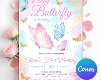 May include: A pink and blue watercolor invitation with butterflies and gold glitter. The text reads "a baby Butterfly is turning 1!" and "Olivia's First Birthday".