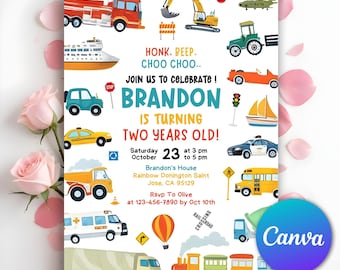 Transportation Birthday Invitation, Honk, Beep, Choo Choo, Truck and Cars Birthday, Truck Birthday Invitation, Cars Birthday, Editable Canva