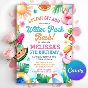 May include: A vibrant invitation for a water park birthday celebration. The design showcases a watercolour style with a flamingo, sun, watermelon, and ice cream. Text includes "Splish Splash", "Water Park Bash!", and "Melissa's 5th Birthday".
