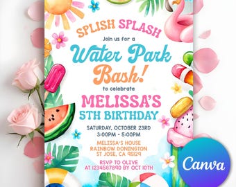 Può includere: Un colorato invito per una festa di compleanno in un parco acquatico. Il design presenta uno stile acquerello con un fenicottero, un sole, un'anguria e un gelato. Il testo include "Splish Splash", "Water Park Bash!" e "Melissa's 5th Birthday".
