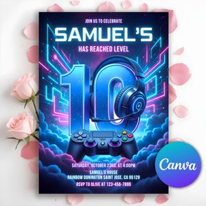 Inbjudan till 10-årsdag för videospel, spelfest, hörlursfest med glöd, neonmall för videospel, redigerbar Canvas-mall