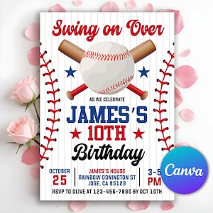 Invitación para fiesta de cumpleaños de béisbol, invitaciones de béisbol, swing en el over, novato del año, invitación de cumpleaños deportivo, plantilla editable de Canva